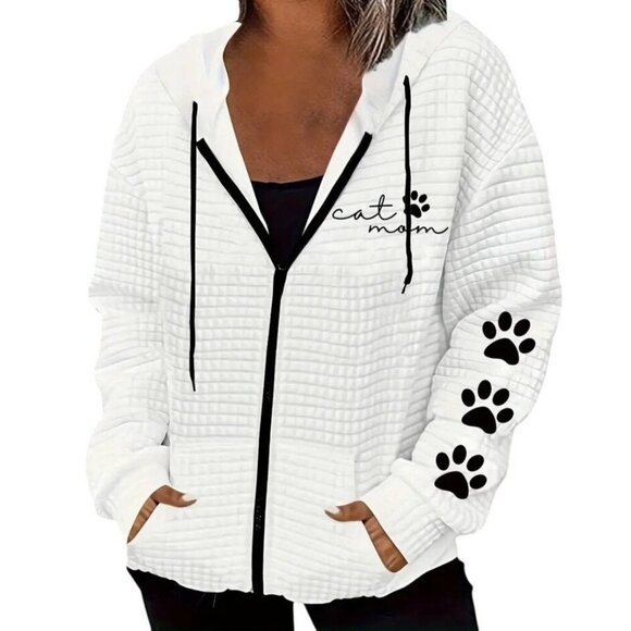 Cat Mom Paw Prints Cozy White Casual Waffle Knit Graphic Hoodie Polyester XXL - Picture 1 of 3